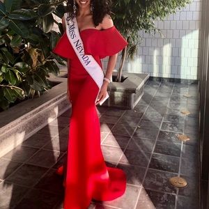 Off the shoulder red gown